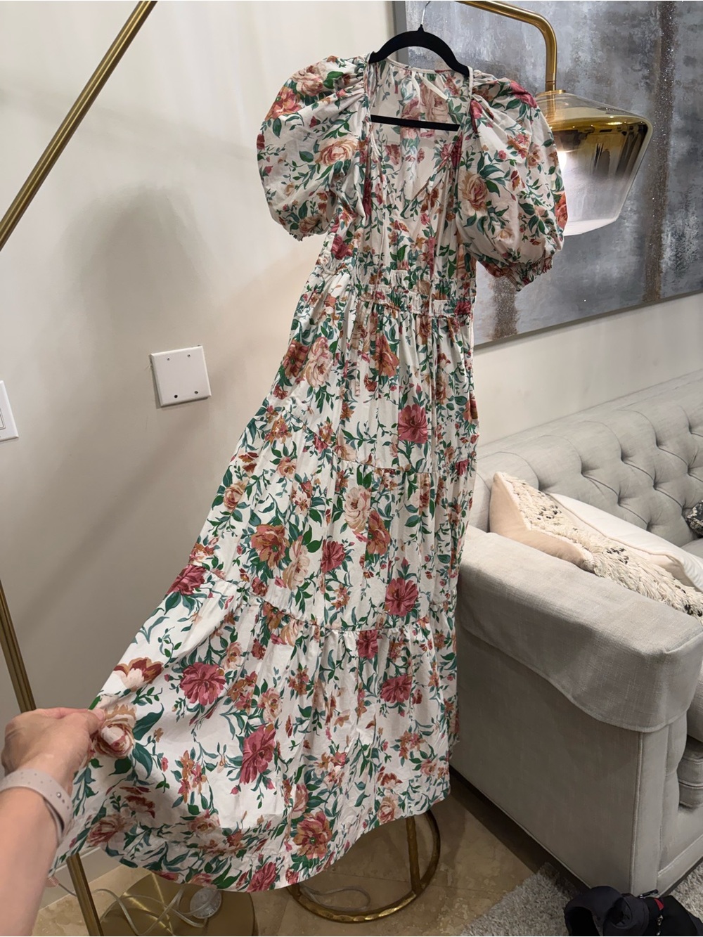 Anthropologie Floral Puff-Sleeve Maxi Dress in White, Rose, Green